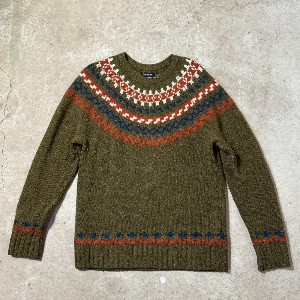 McNeal Lambswool Sweater Men’s Size Medium Green Orange Aztec Fair Isle Crewneck - Picture 7 of 15